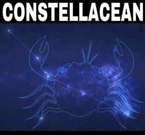 Cancer constellation-- crab superimposed over the stars with "Constellacean" at top of images
