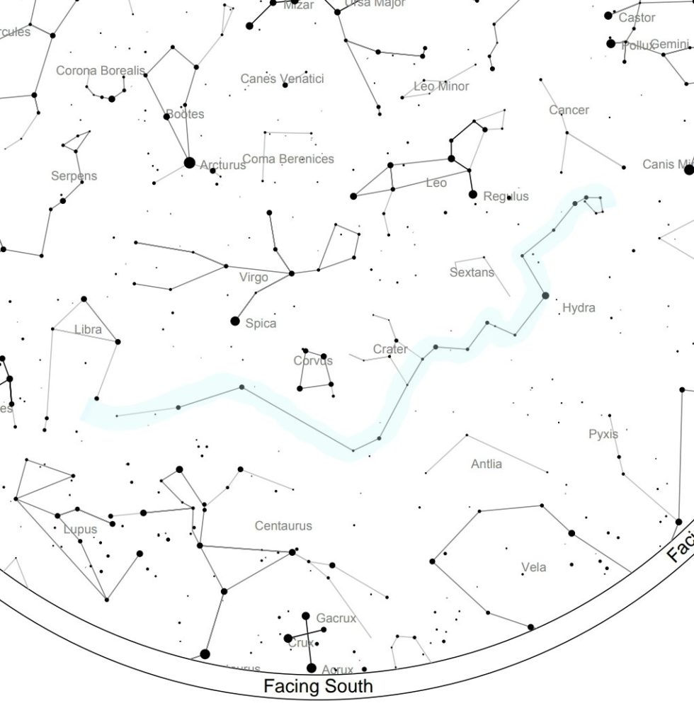 Star map showing the location of Hydra in the Southern Sky