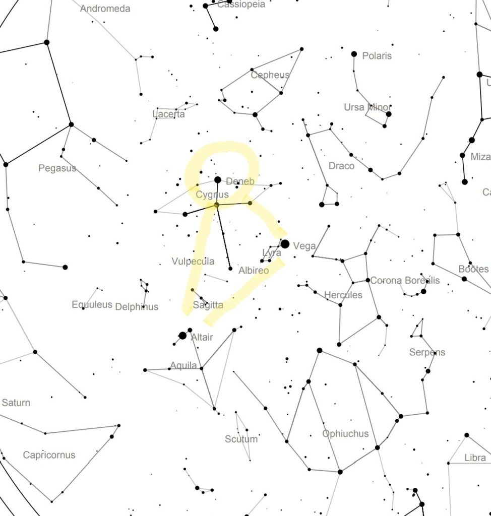 black and white star map showing the location of the star deneb