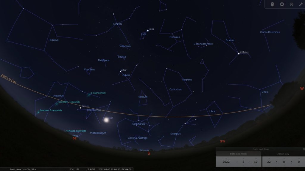 Screen capture from Stellarium app showing night sky. Ophiucus is in the bottom center, just above the eliptical 