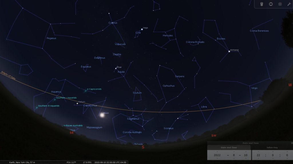 Screen capture from Stellarium app showing night sky. Ophiucus is in the bottom center, just above the eliptical
