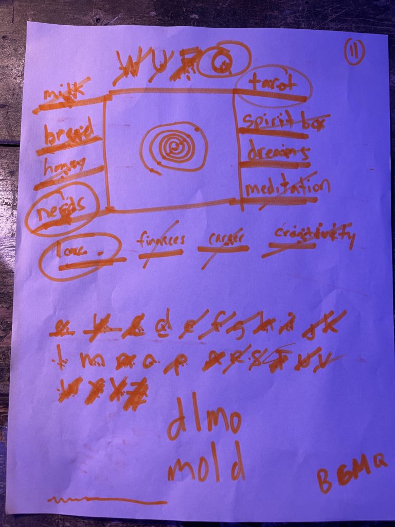 Adaptation of the traditional middle school game 'MASH' but for WUFO. The words WUFO are on the top of the screen, with words and letters around the grid crossed out or circled and a spiral in the middle.